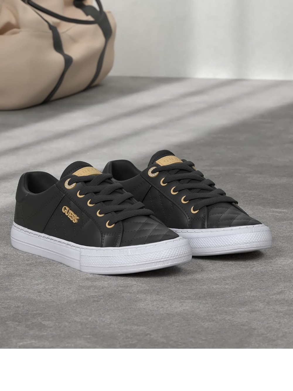 GUESS Loven Black Quilted Low Top Sneakers Gold Accent Size 8
